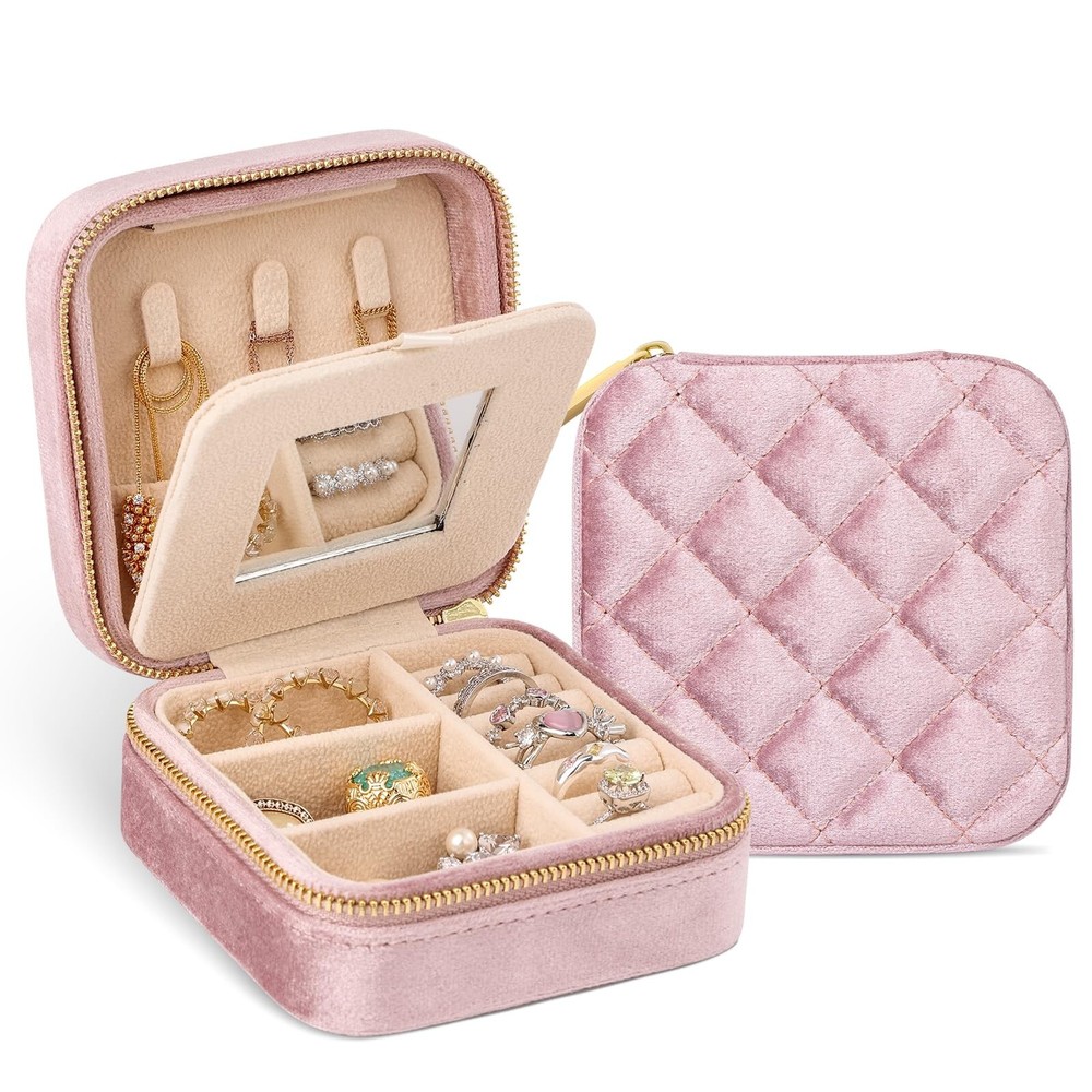 Velvet Travel Jewelry Case with Mirror Small Jewelry Organizer Box for Trips