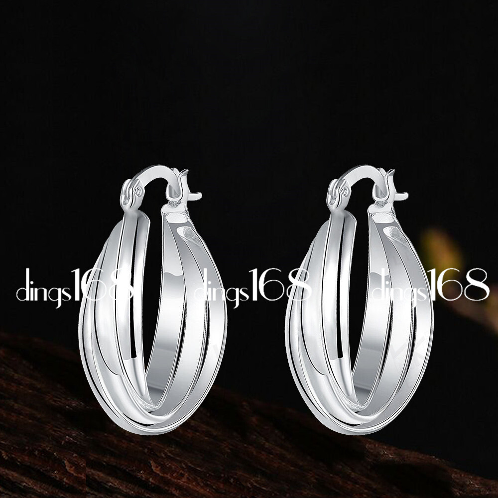 925 Sterling Silver Tarnish-Resist 3-Layered U-shape 1.12inch Hoop Earrings F907