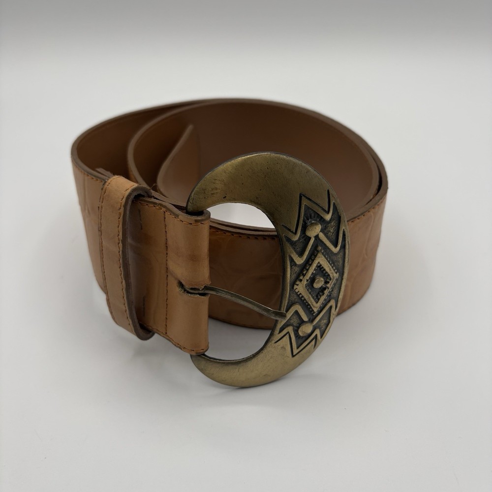 Vintage Brown Crocodile Embossed Leather Belt Women's M Brass Buckle Korea