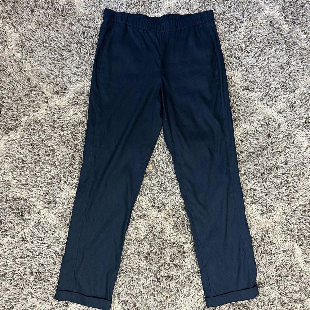 J Jill Linen Stretch Navy Blue Cuffed Pants Ankle S Small Pull On Elastic Waist