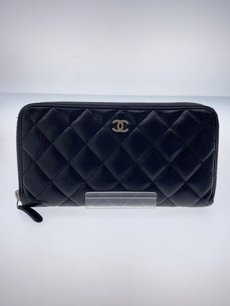 CHANEL Zip Around Long Wallet A50097 Matelassé Caviar Leather CC Black Pre-Loved