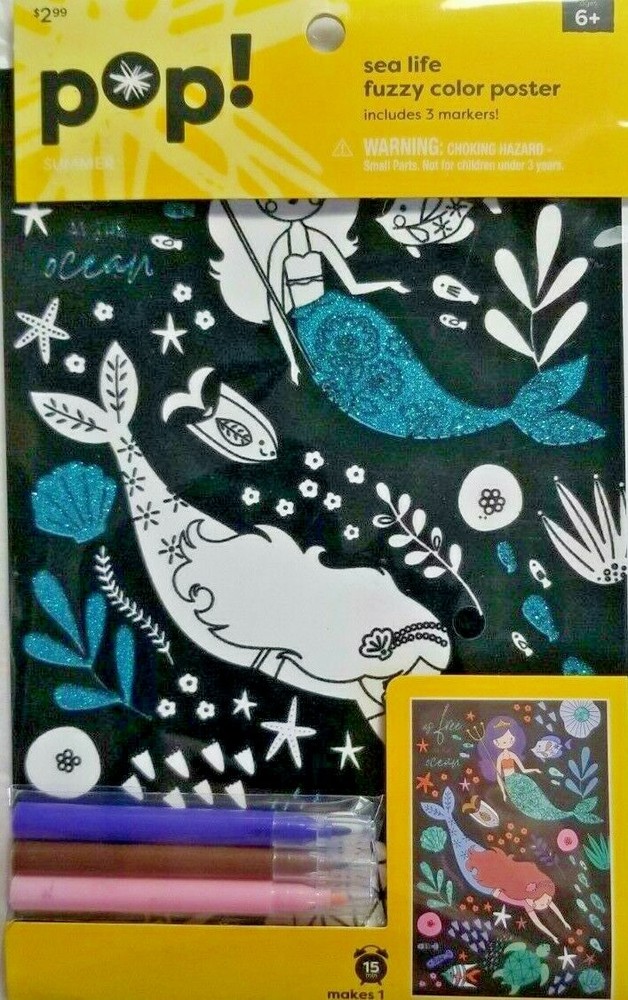 Kid's Mermaid Crafts Fuzzy Coloring Poster + Markers Craft Kit Glitter Accents