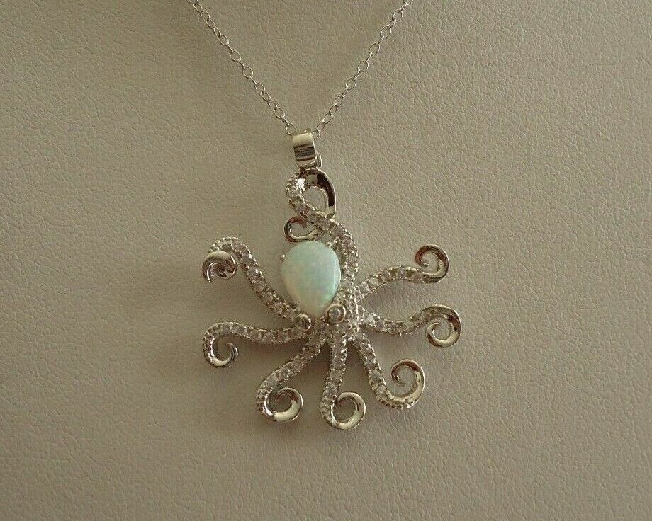 2.20Ct Pear Cut Simulated Fire Opal Octopus Shape Pendant 14K White Gold Plated
