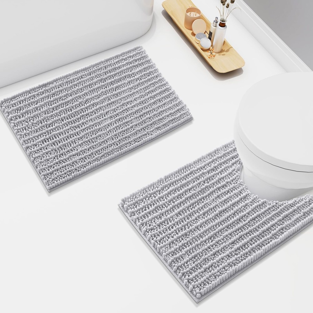 Luxury Chenille Bathroom Rugs Set 2 Piece, Extra Soft Absorbent Shaggy Bath M...