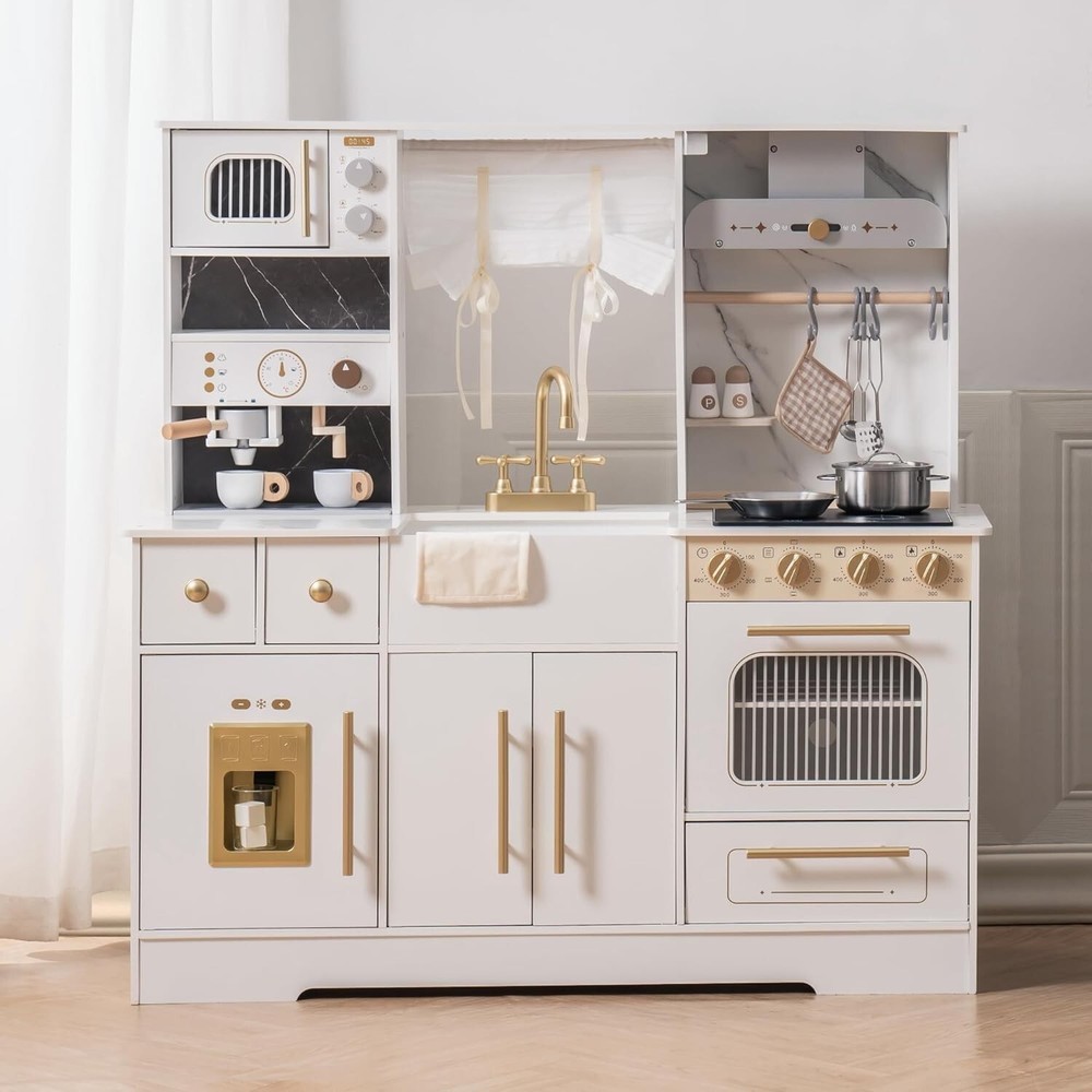 ROBOTIME Wooden Play Kitchen with Ice Maker and Coffee Machine Gift for Toddlers