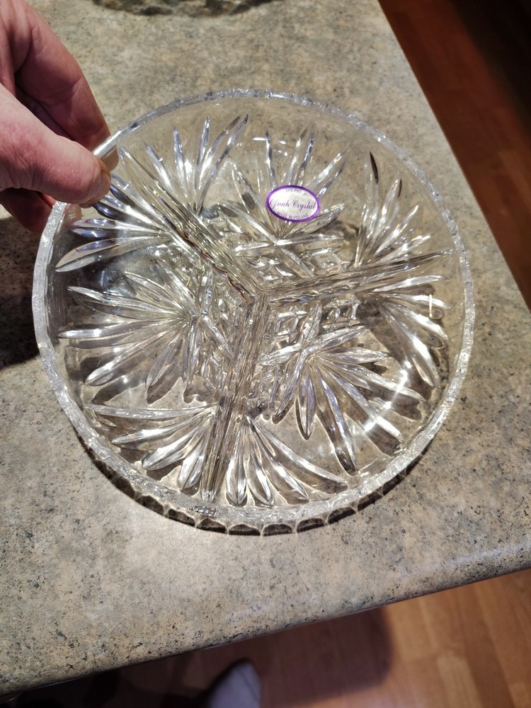 Vintage Ofnah Poland Cut Crystal Triple Section Candy Nut Dish Lead-Free  