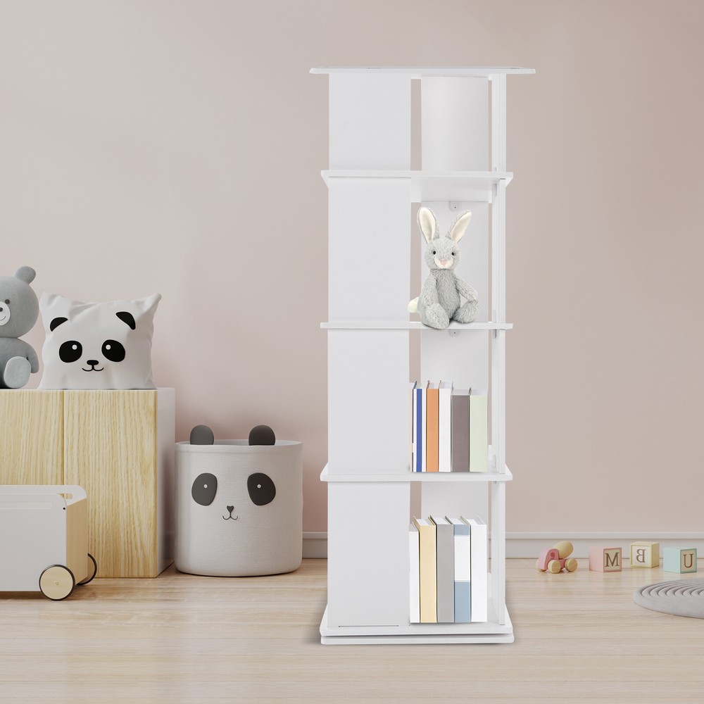 360-Degree Rotating White Bookcase Freestanding Display Shelf Storage