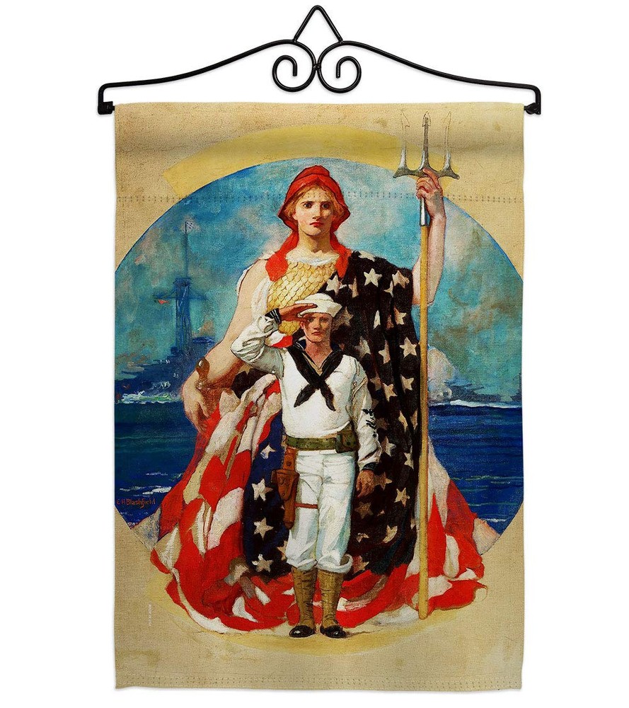 Navy Wartime Garden Flag Set Wall Hanger Armed Forces USN Seabee United State...