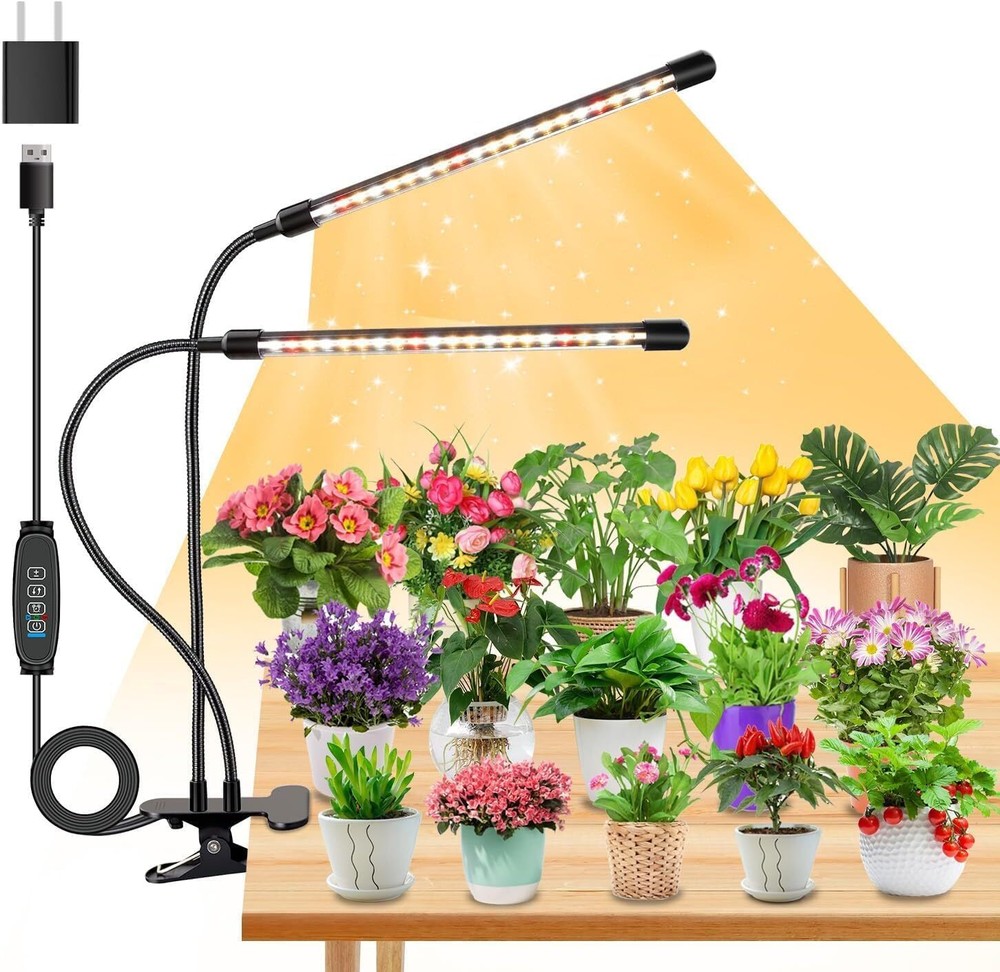 Dual Head Full Spectrum Clip Grow Light with 3-9-12H Timer for Indoor Plants-image