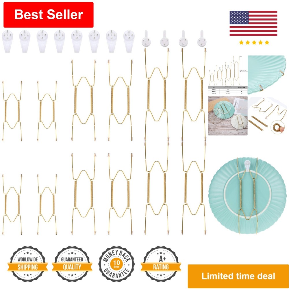 Stainless Steel Invisible Plate Hangers - Set of 12 with Wall Hooks - Gold