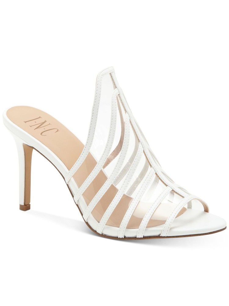 INC Womens White Caged Vinyl Lavel Open Stiletto Slip On Heeled Mules Shoes 5 M