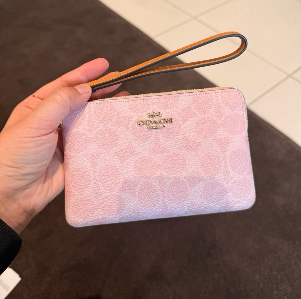 Coach Double Zip Wristlet In Signature Canvas With Charms CEF61 Powder Pink