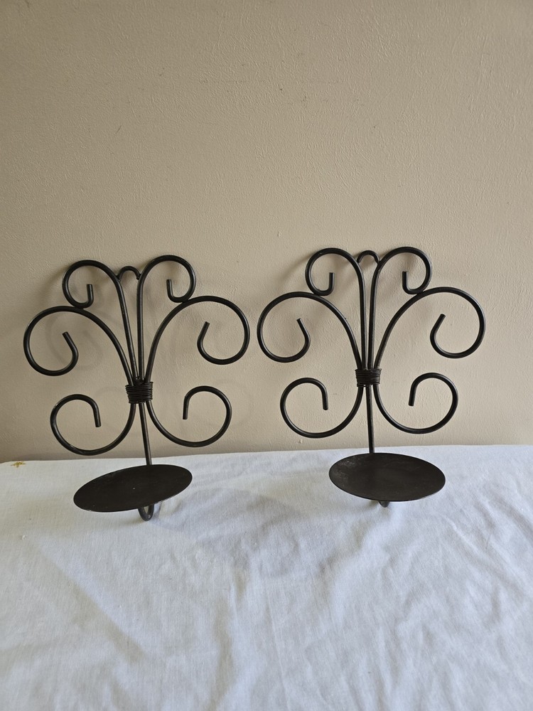 Set Of 2 Rustic Scroll Black Piller Candle Sconces Wall Hanging Holders