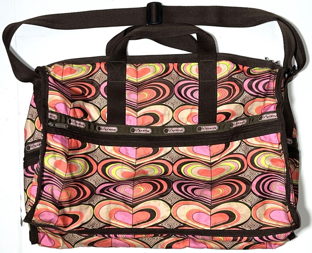 LeSportsac Pink Brown Hearts XL Duffle Travel Weekender Overnight Carryall Bag