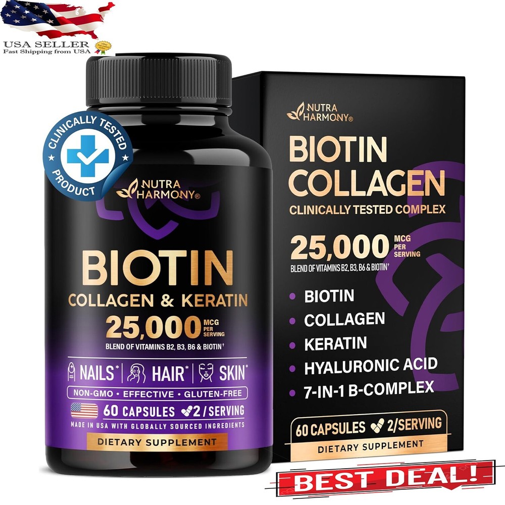 Biotin Collagen Keratin Supplement Hair Growth Support Skin & Nails Unisex 60 Ct