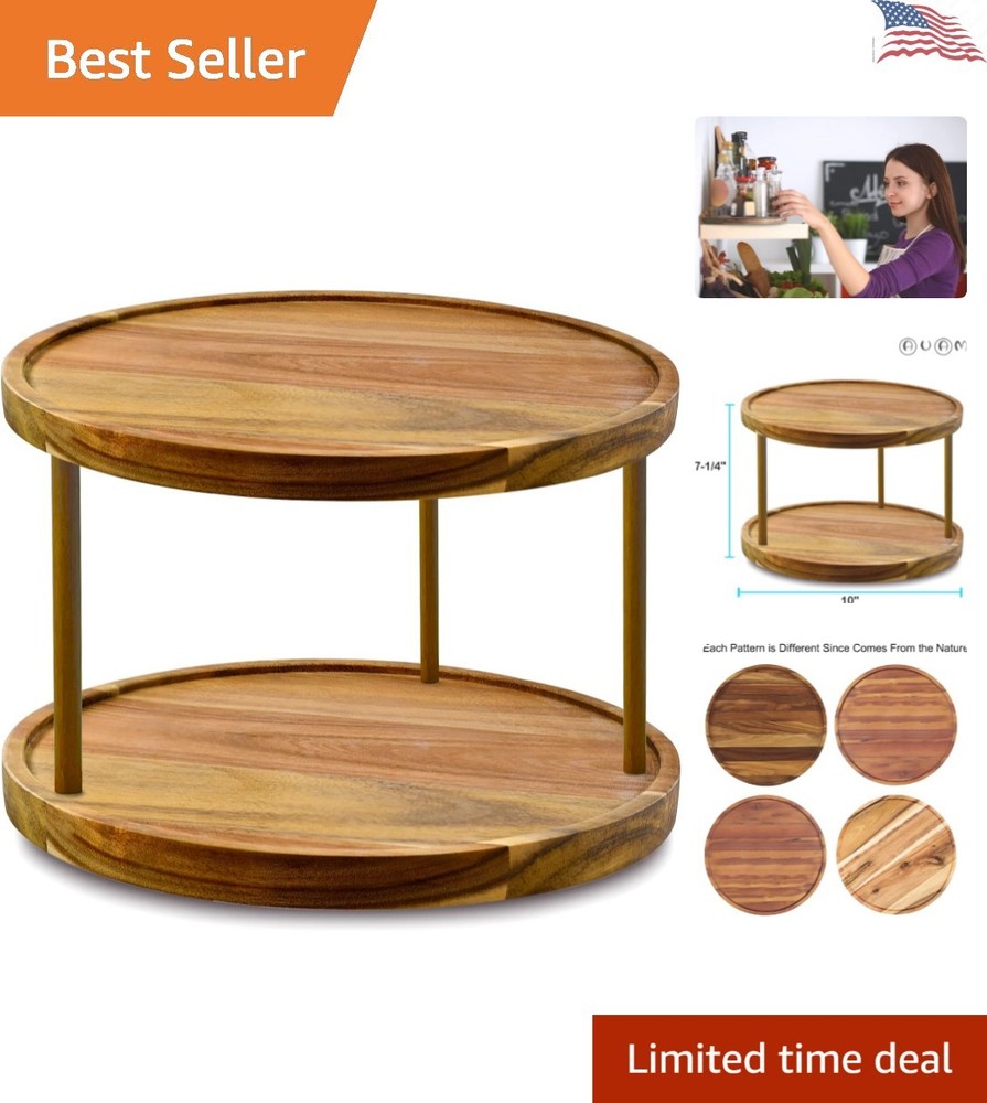 Elegant 10-Inch Acacia Wood Lazy Susan – Two-Tier Kitchen Spice Organizer