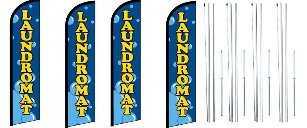 Laundromat Windless Flag With Complete Hybrid Pole set- 4 pack