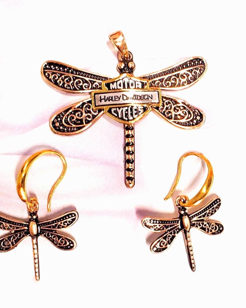 Antique Copper 'HARLEY DAVIDSON' Dragonfly Pendant & Earrings Set w/chain