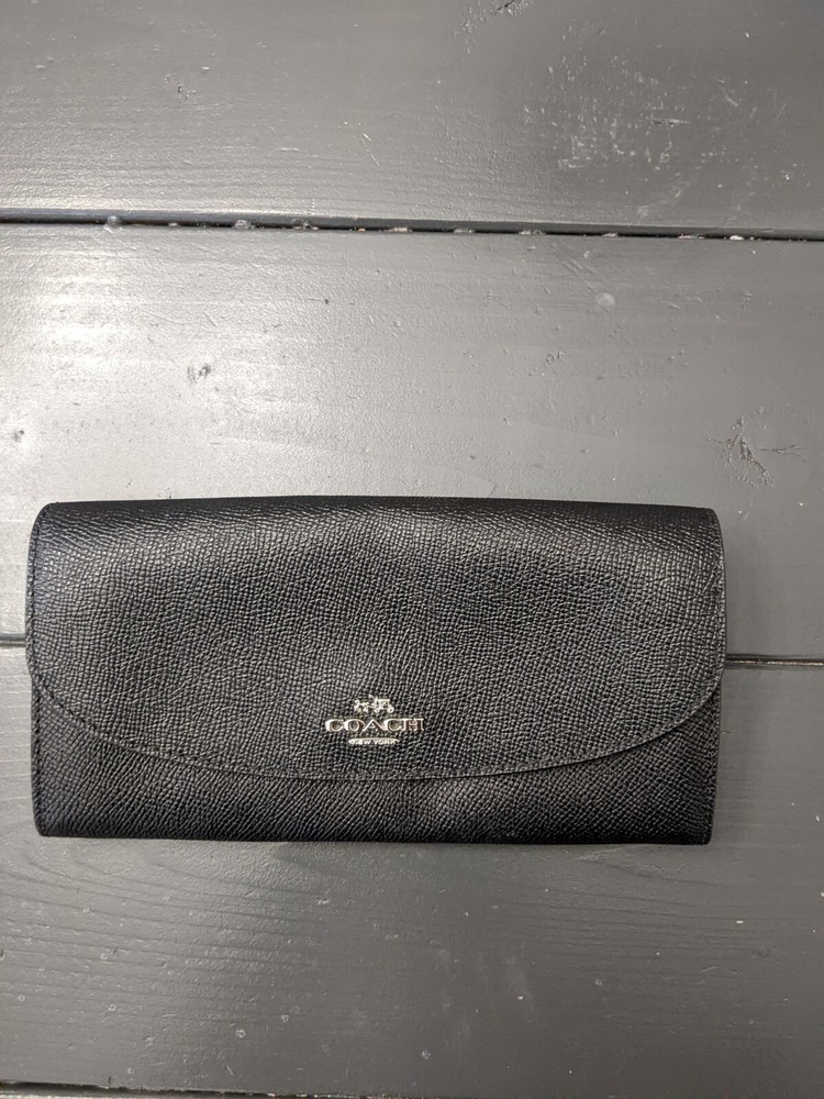 COACH Leather Long Bifold Wallet in Black with Gold Logo F54009
