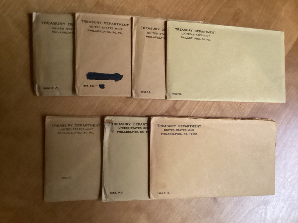 7 Empty US Proof Set Envelopes with Boards & COA - No Coins