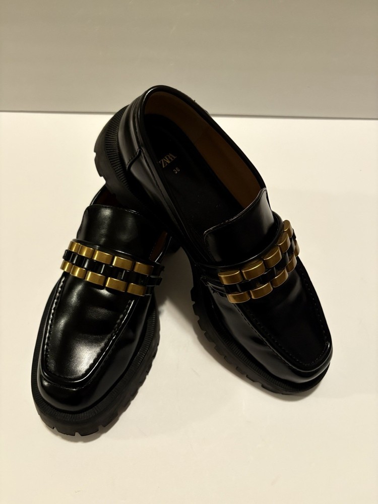 Zara Embellished Chunky Loafers Shoes Black gold Size 7.5 /38  -EUC