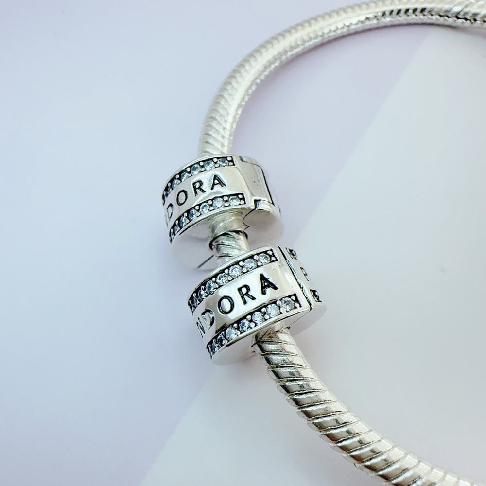 New Pandora 2-Piece Logo Clip Charm with Sterling Silver and CZ Details