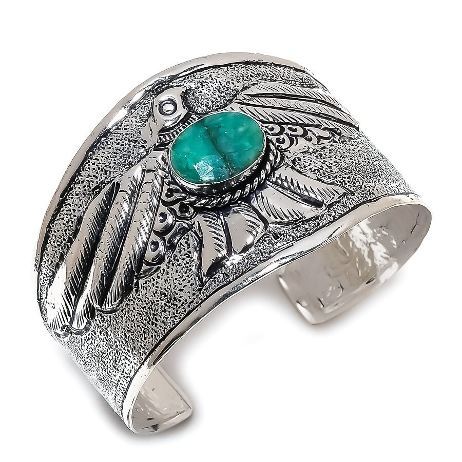 Eagle - Emerald Gemstone Handmade Cuff Jewelry Bangle Adjustable KC-115