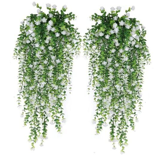 Artificial Hanging Flowers, 4pcs Fake Eucalyptus Vine Faux Flower White