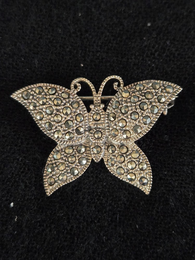Beautiful Vintage Sterling Silver Marcasite Butterfly Pin Marked FAS 925