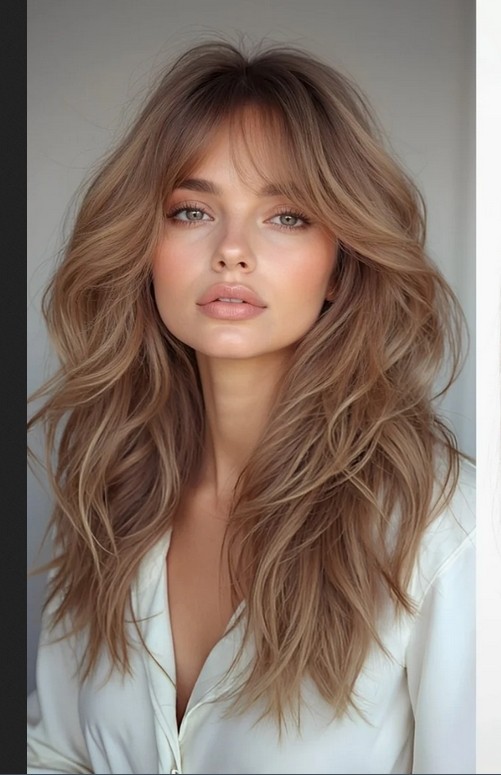 Long Brown Wave Wig With Bangs 13x4 Lace Front Wigs 100% Human Hair