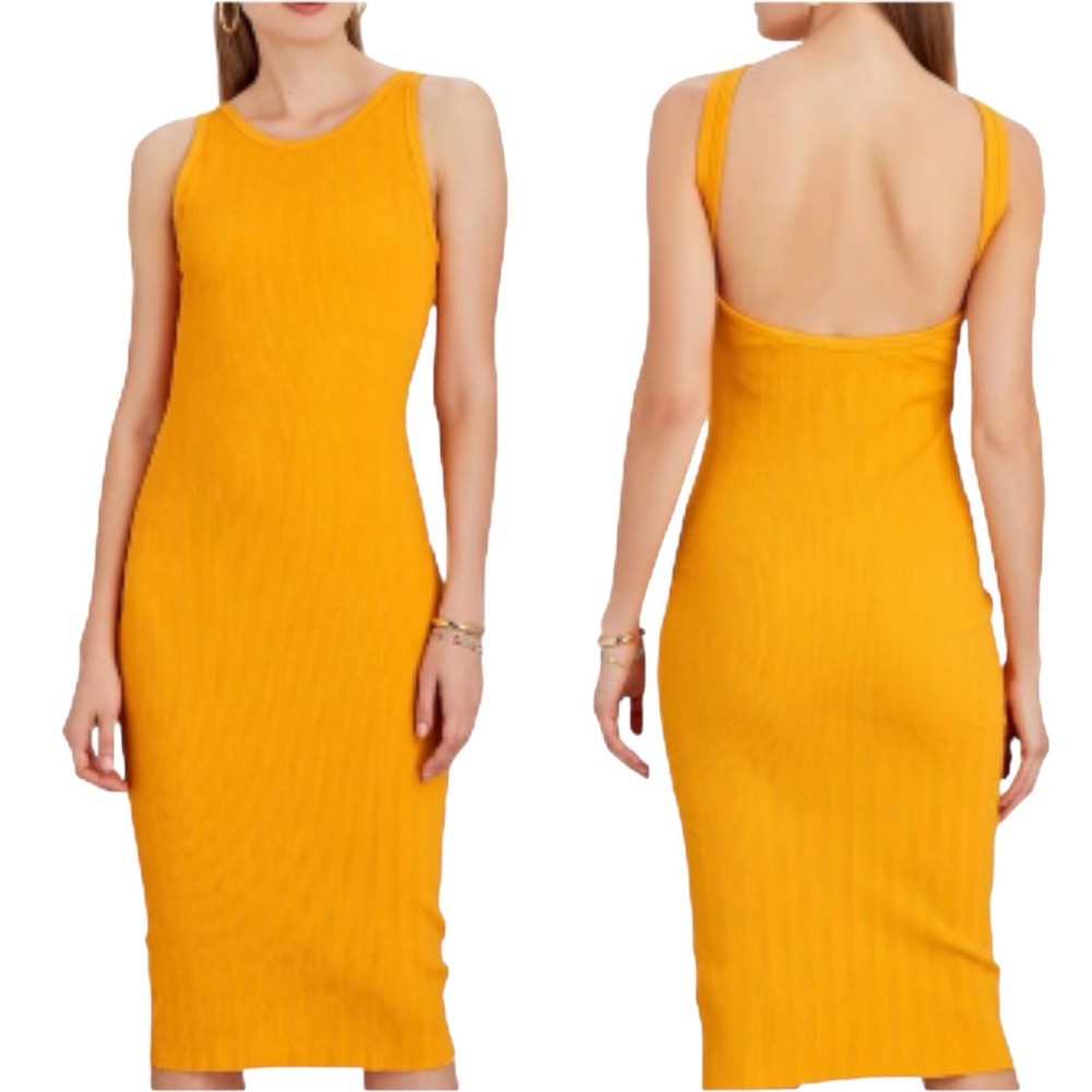 Enza Costa Orange Rib Tank Bodycon Midi Dress Backless Womens Size M