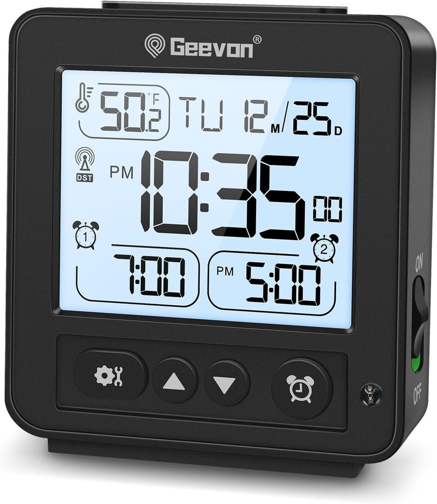 Compact Digital Alarm Clock with Battery, Dual Alarms, 8 Second Backlight, Black