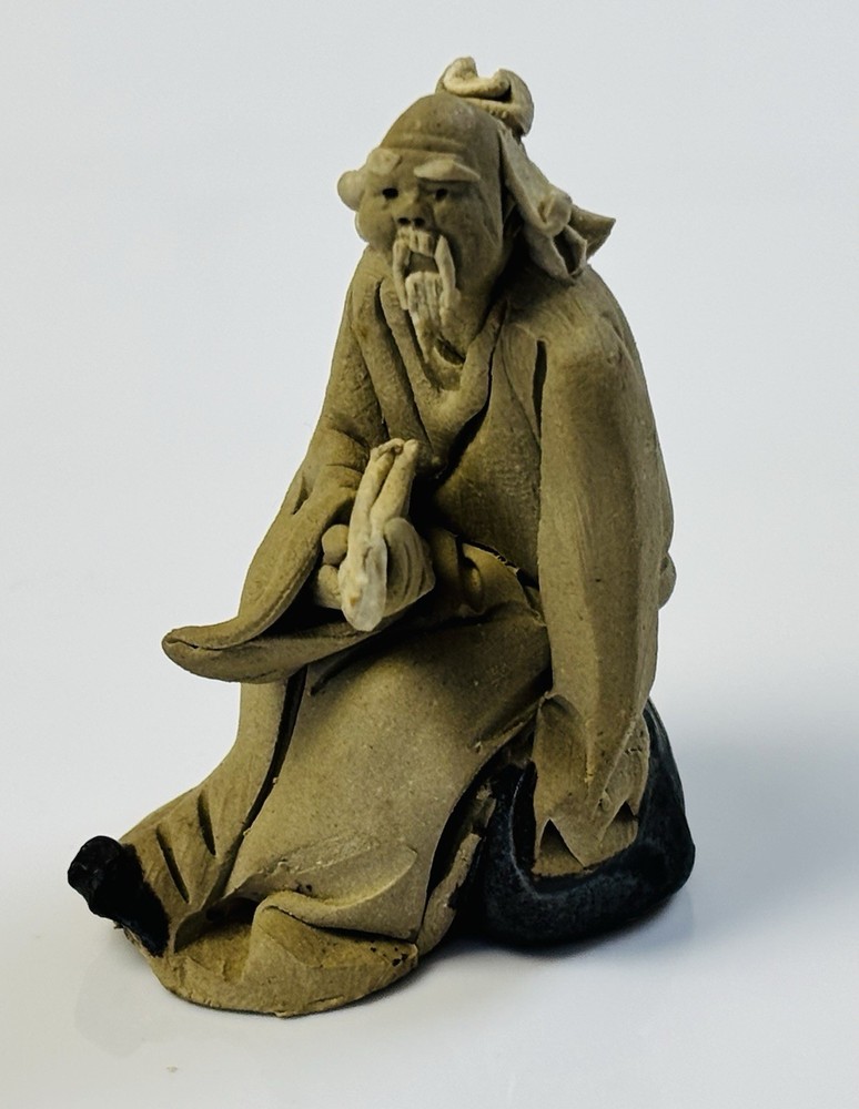 Vintage Chinese Mudman Figurine – Seated Scholar – 2” Clay Sculpture