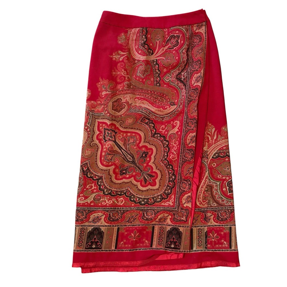 Vintage Talbots Wrap Skirt Women's Petite 12 Red Paisley 100% Wool