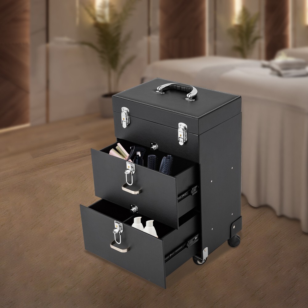 Aluminum Rolling Makeup Train Case with Salon Cosmetic Trolley Organizer and Drawer