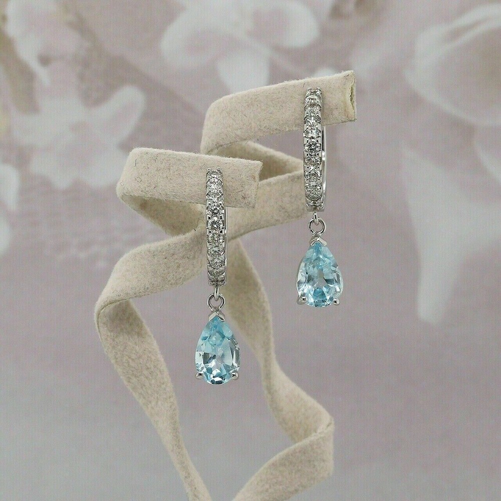 2Ct Pear Cut Simulated Aquamarine Drop & Dangle Earring In 14K White Gold Plated