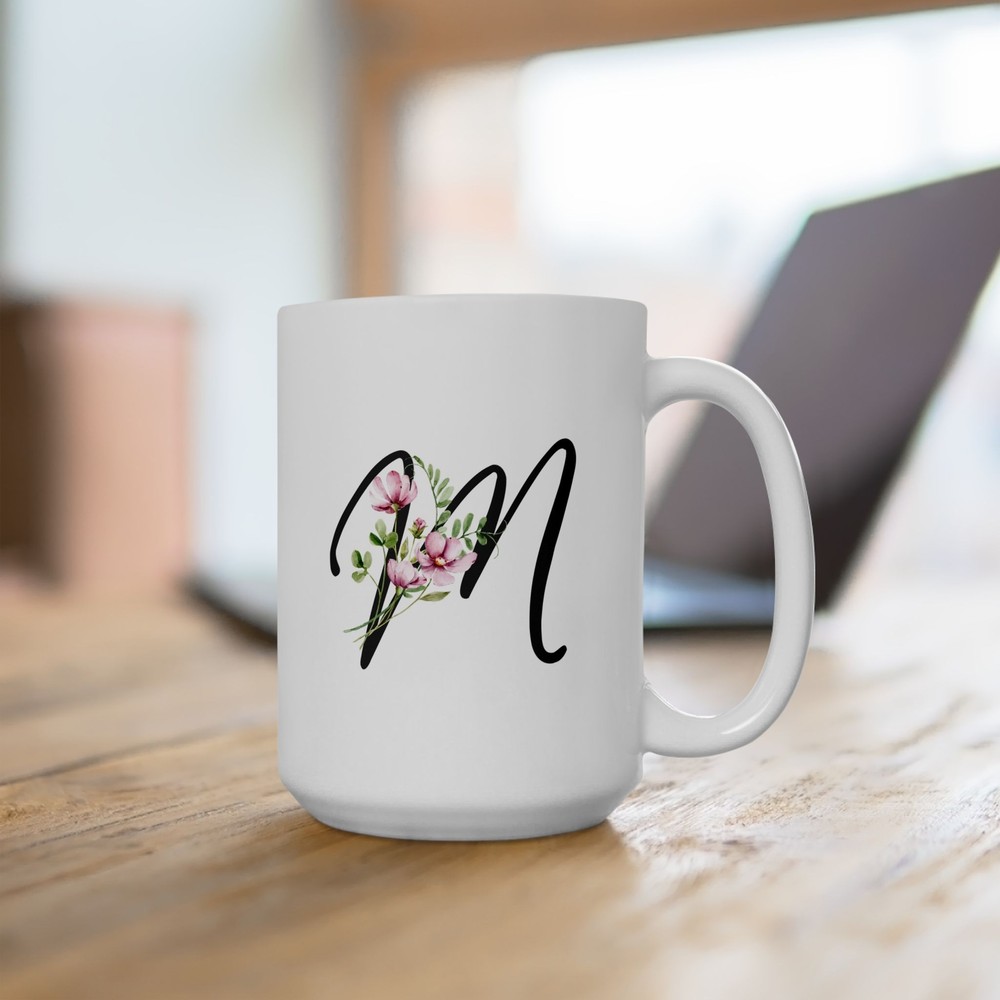 Floral Ceramic Mug with M Initial for Tea Coffee Hot Cocoa Lovers