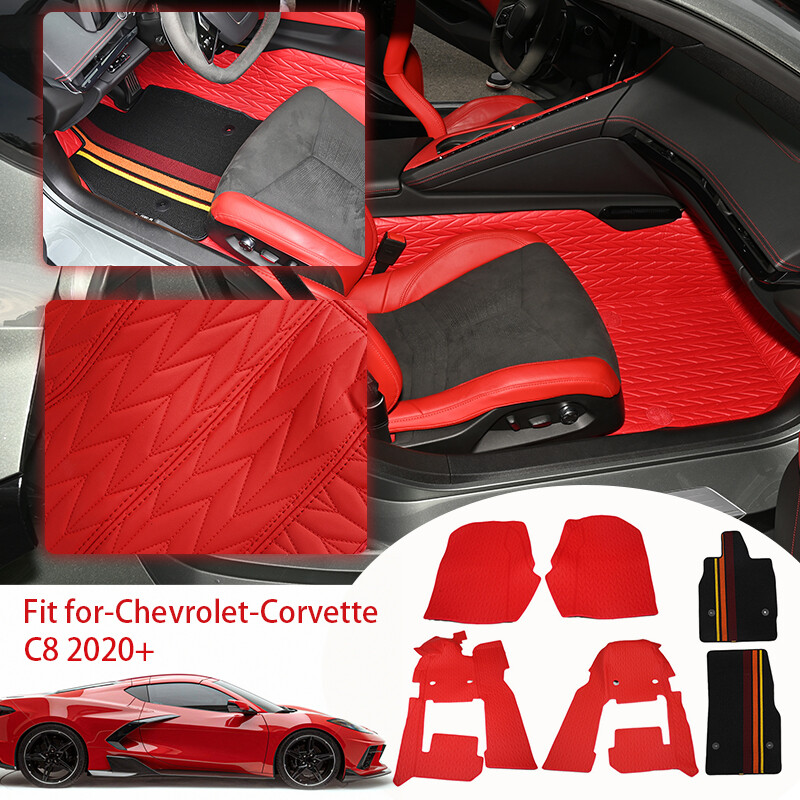 Red Full Floor Mats Black Carpet Liners Waterproof for Corvette C8 2020-2024