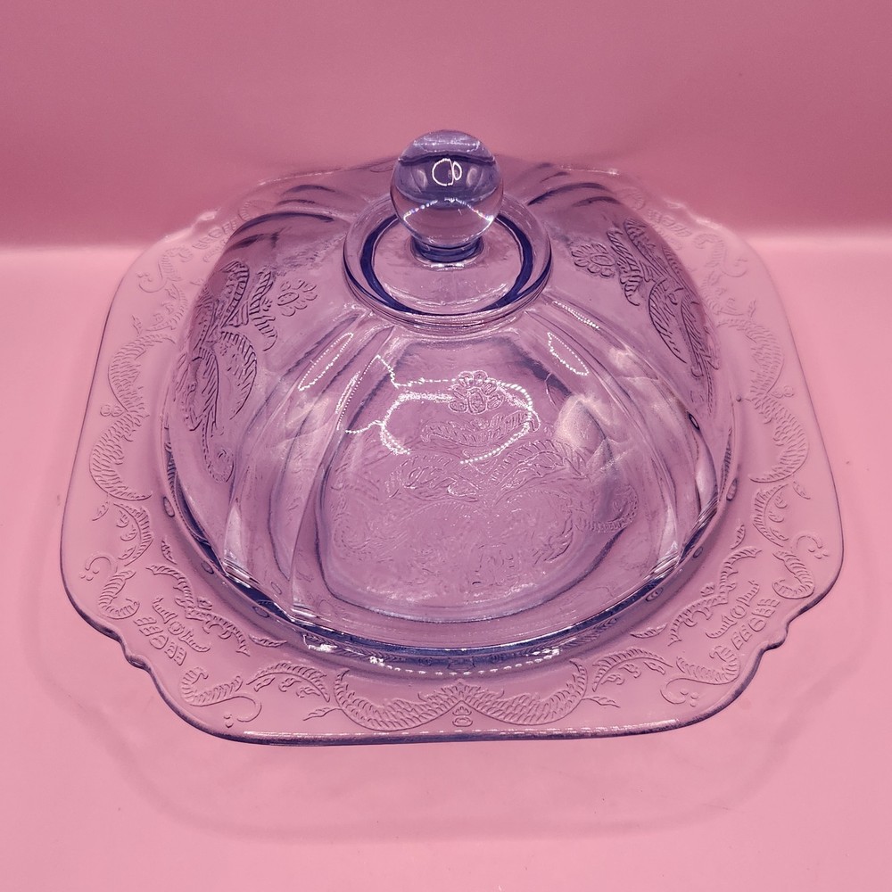 Antique Indiana Glass Blue Madrid Covered Butter Cheese Dish