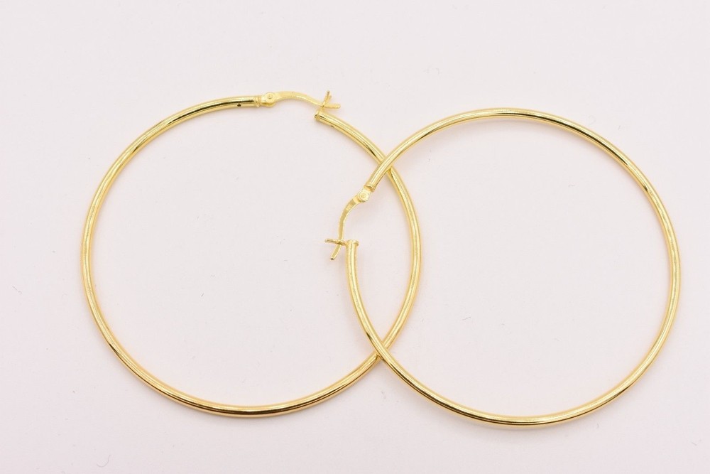 2mm X 60mm All Shiny Plain Hoop Earrings 14K Yellow Gold-Plated Silver 925