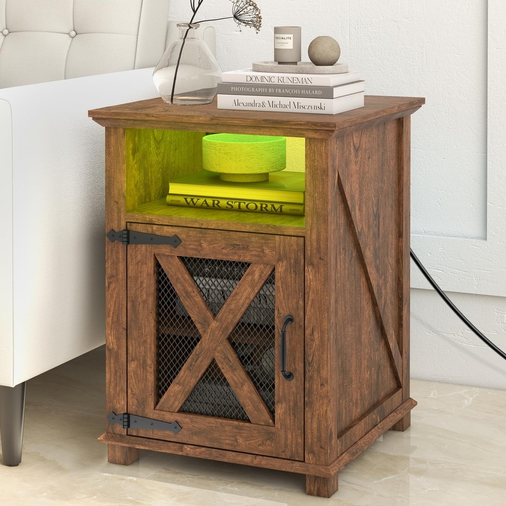 Farmhouse Night Stands with Charging Station, End Tables with LED Lights, Bed...