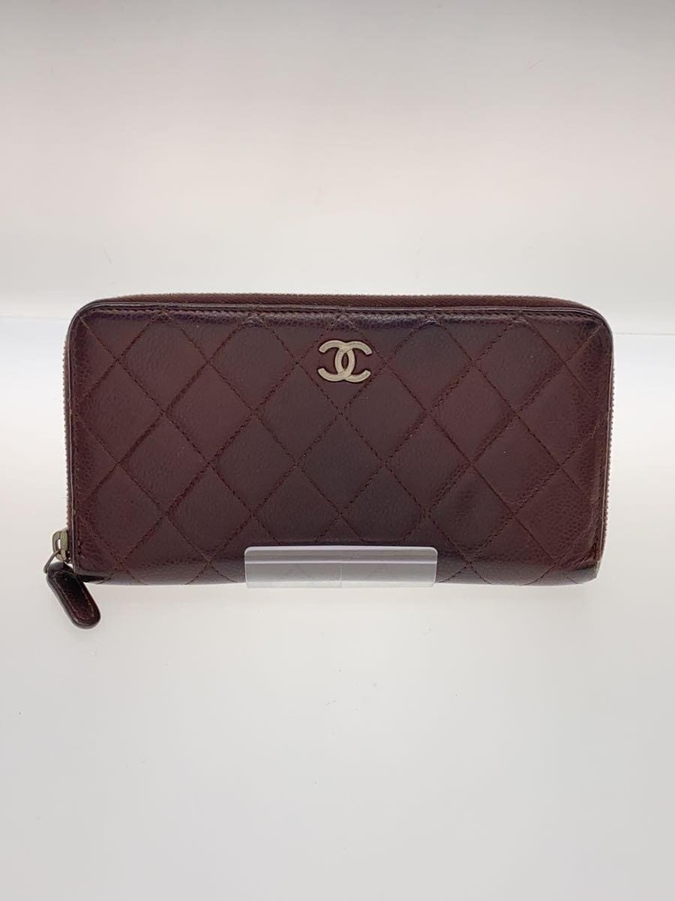 CHANEL Zip Around Long Wallet Matelassé CC Brown Leather F/S Pre-Loved