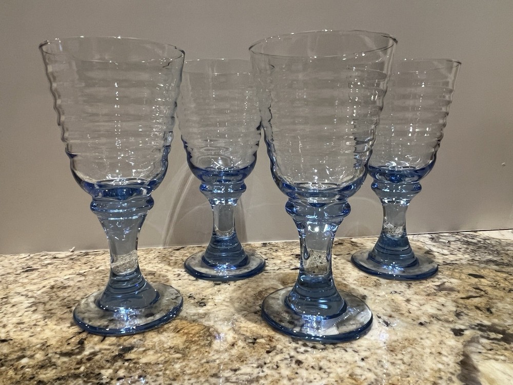 Vintage Libbey Sirrus Light Blue Wine Water Goblets Spool Stemware Set Of 4