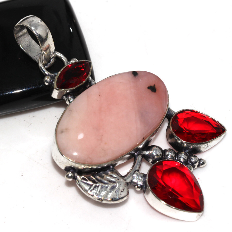 925 Silver Plated Peruvian Pink Opal Garnet Long Pendant Jewelry Size 2.3