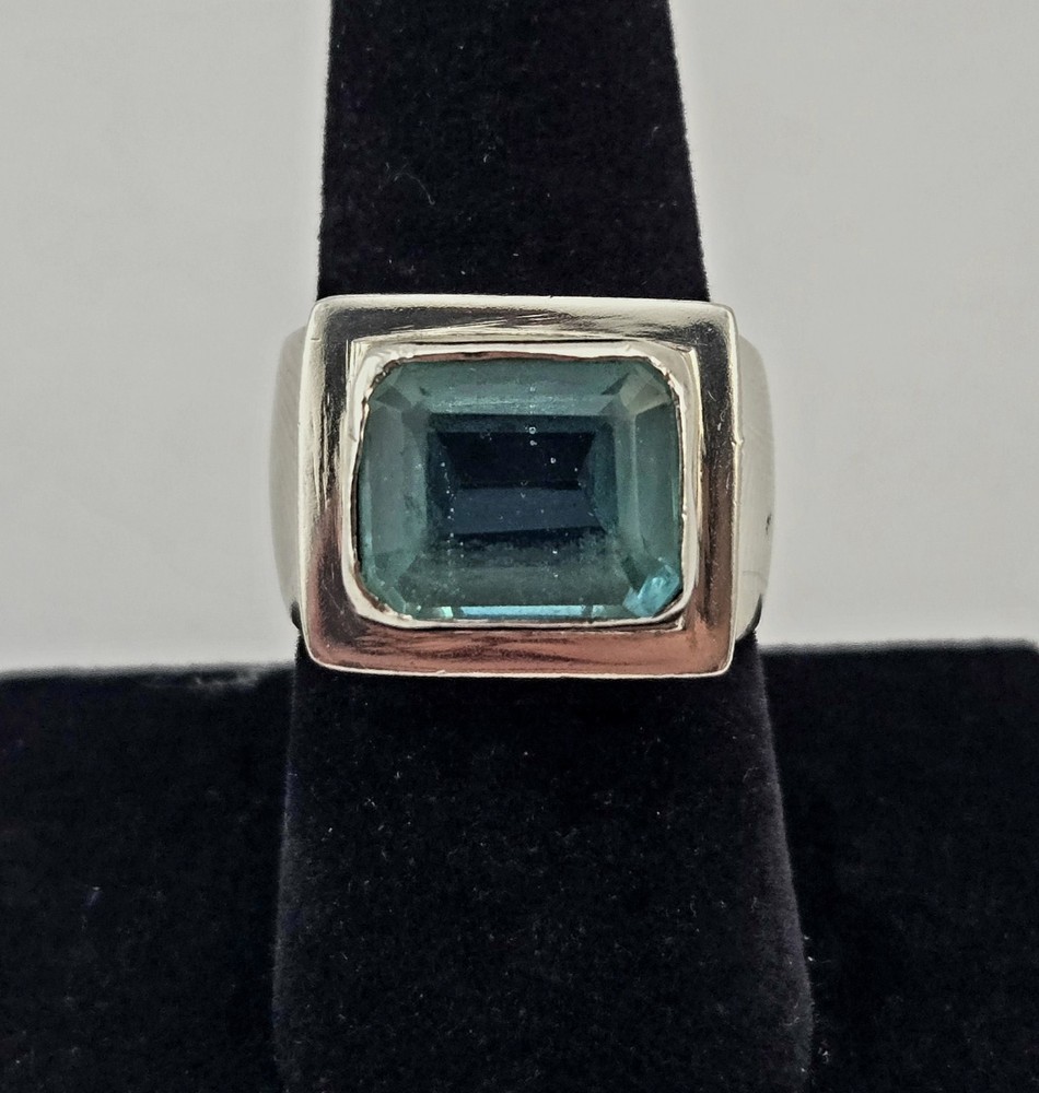 Vintage Sterling Silver Blue Topaz Color Ring Size 8 Heavy Bezel Set - 13.8g