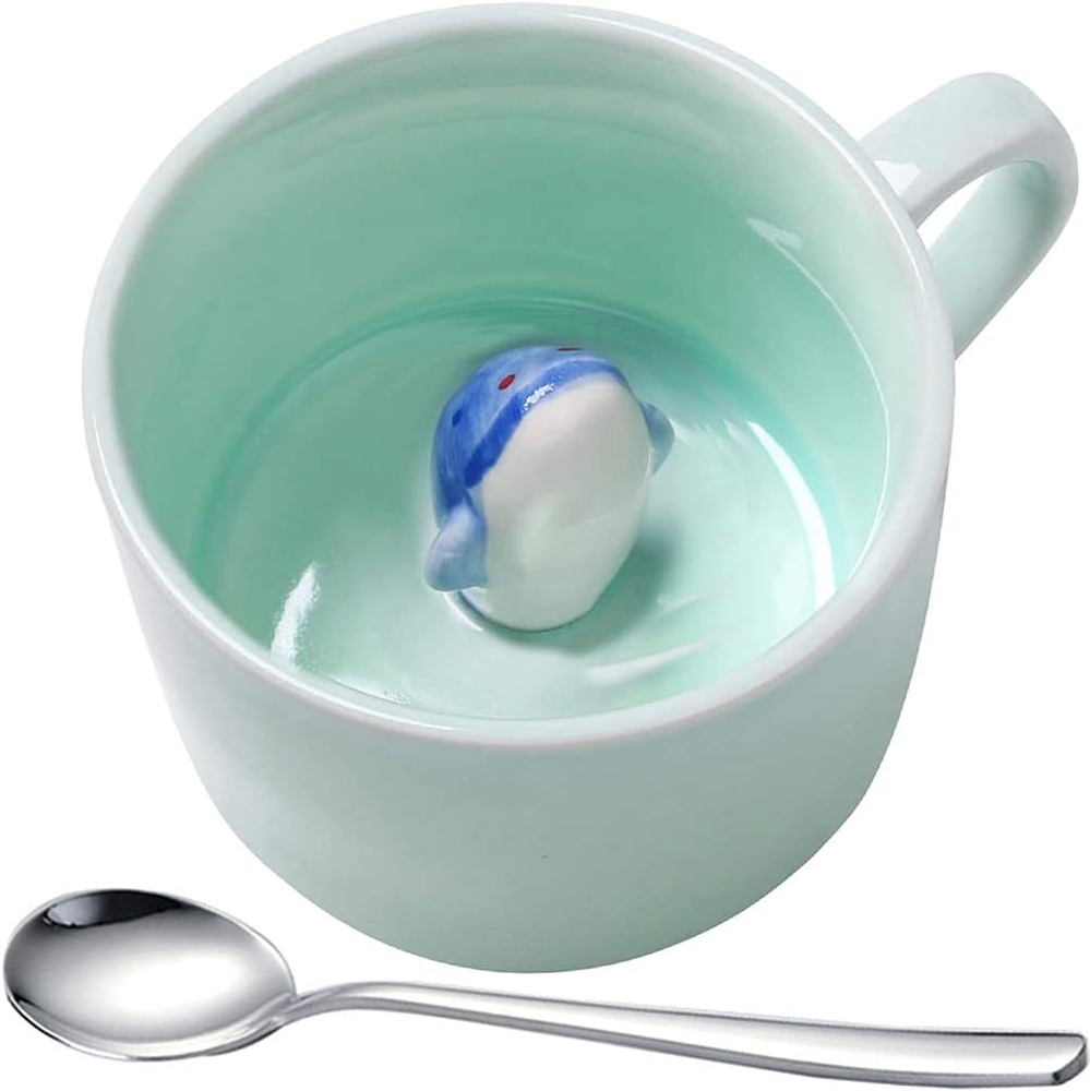 Dolphin 3D Animal Celadon Milk Mugs Set of 2 with Spoon - Fine Porcelain