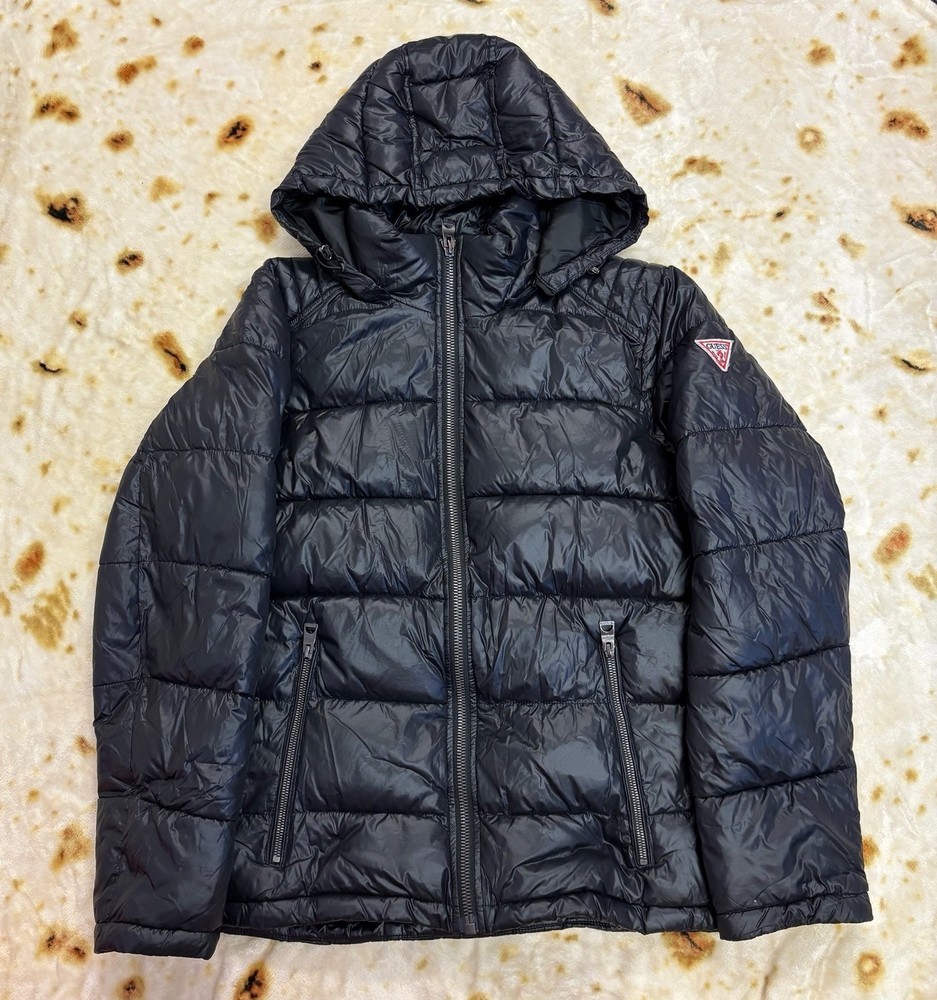 Guess Puffer Jacket Men’s Size Small Shiny Hoodie Winter Coat Black