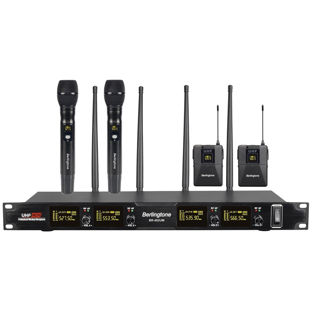 Berlingtone BR-402UM Pro 4-Channel UHF Wireless System with 2 Mics & 2 Bodypack Headsets