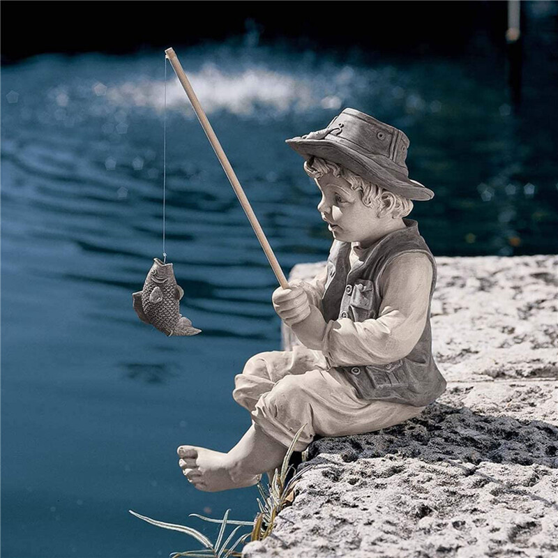 Resin Fisherman Boy Garden Statue for Courtyard or Outdoor Decor