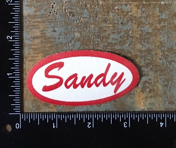 SANDY Name Tag Work Shirt Job Uniform Badge Oval Cursive Iron-On Patch